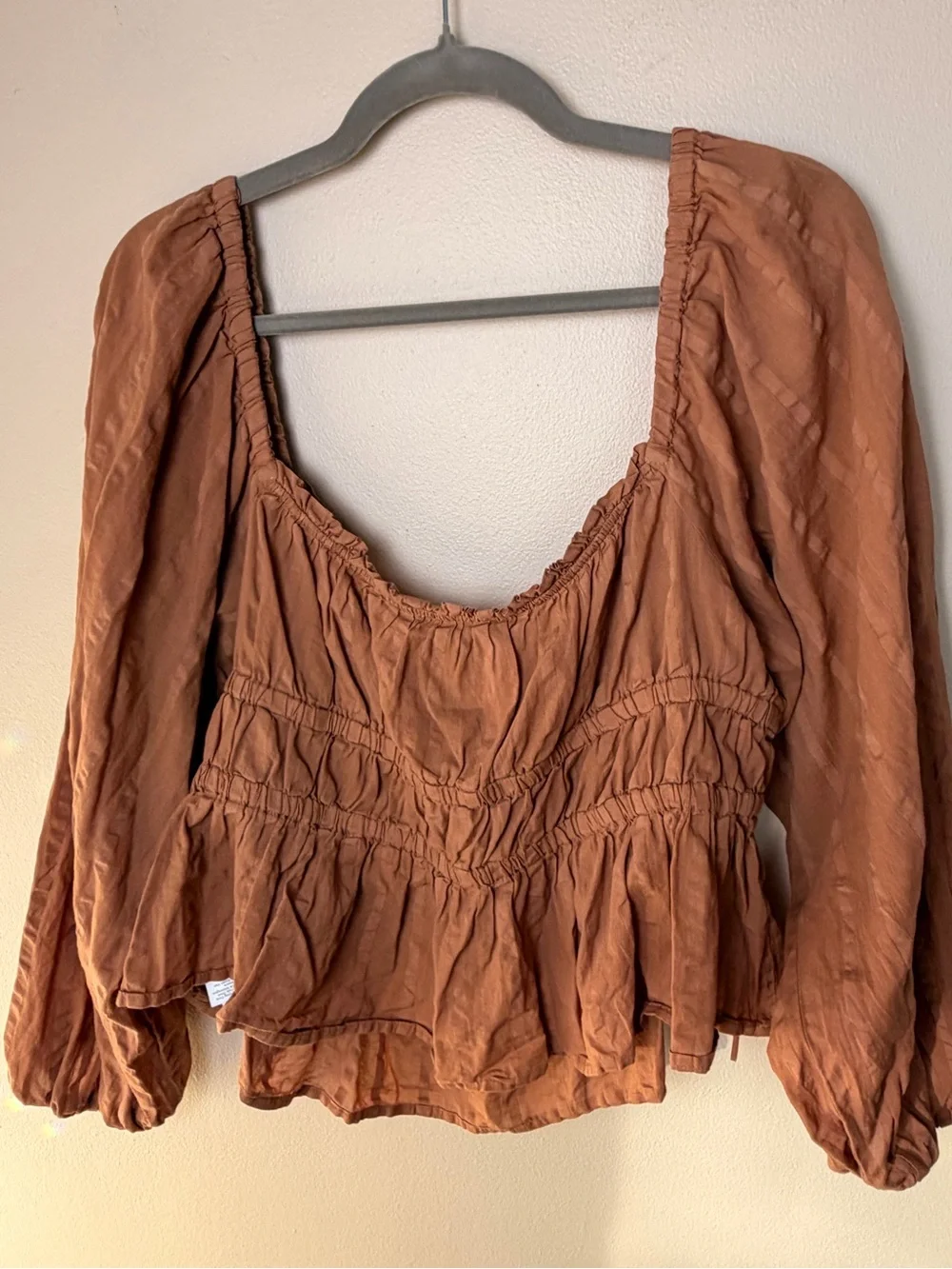 J.Crew Puff Sleeve Textured Cotton Top Brown XXL Smocked Peplum Blouse